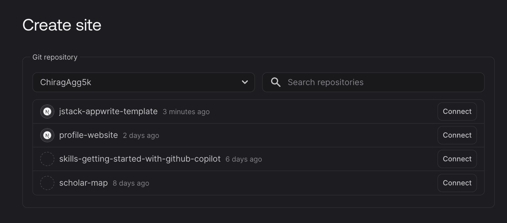 Selecting repository screen