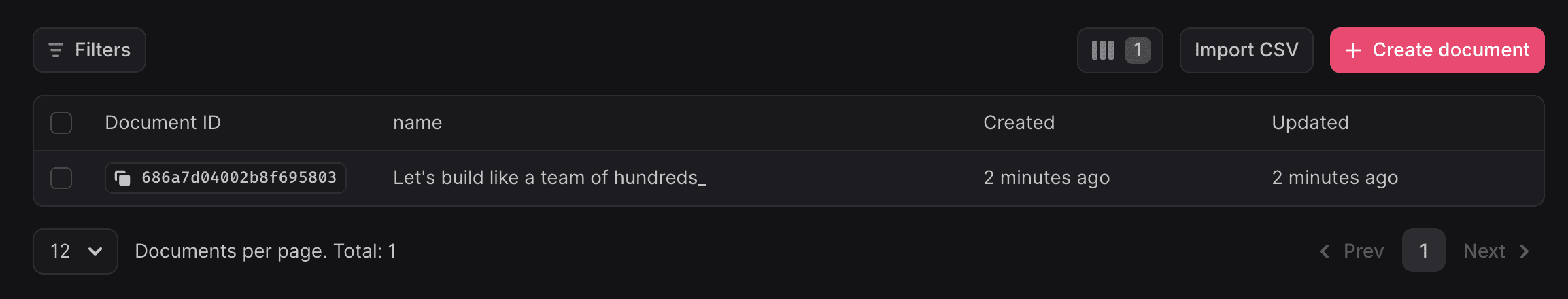 Appwrite console showing data
